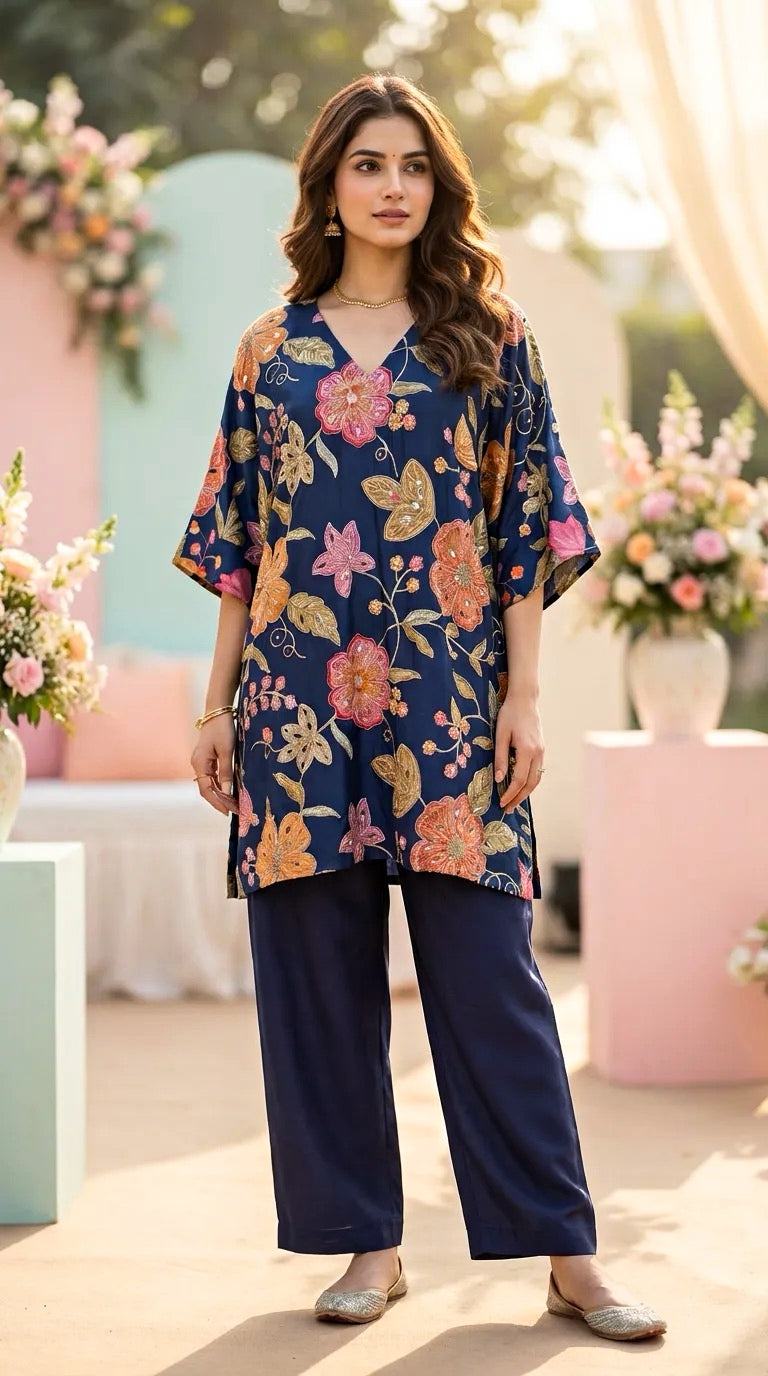 Woman modeling blue floral embroidered kaftan kurta and pants set from Karchobi outdoors