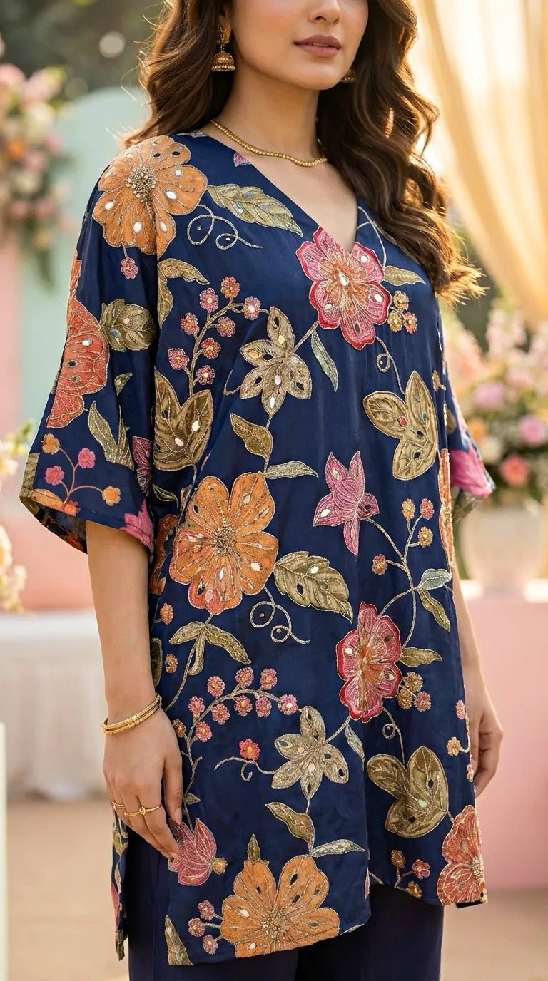 Blue floral embroidered kaftan kurta pant set with mirror and zari sequin details from Karchobi