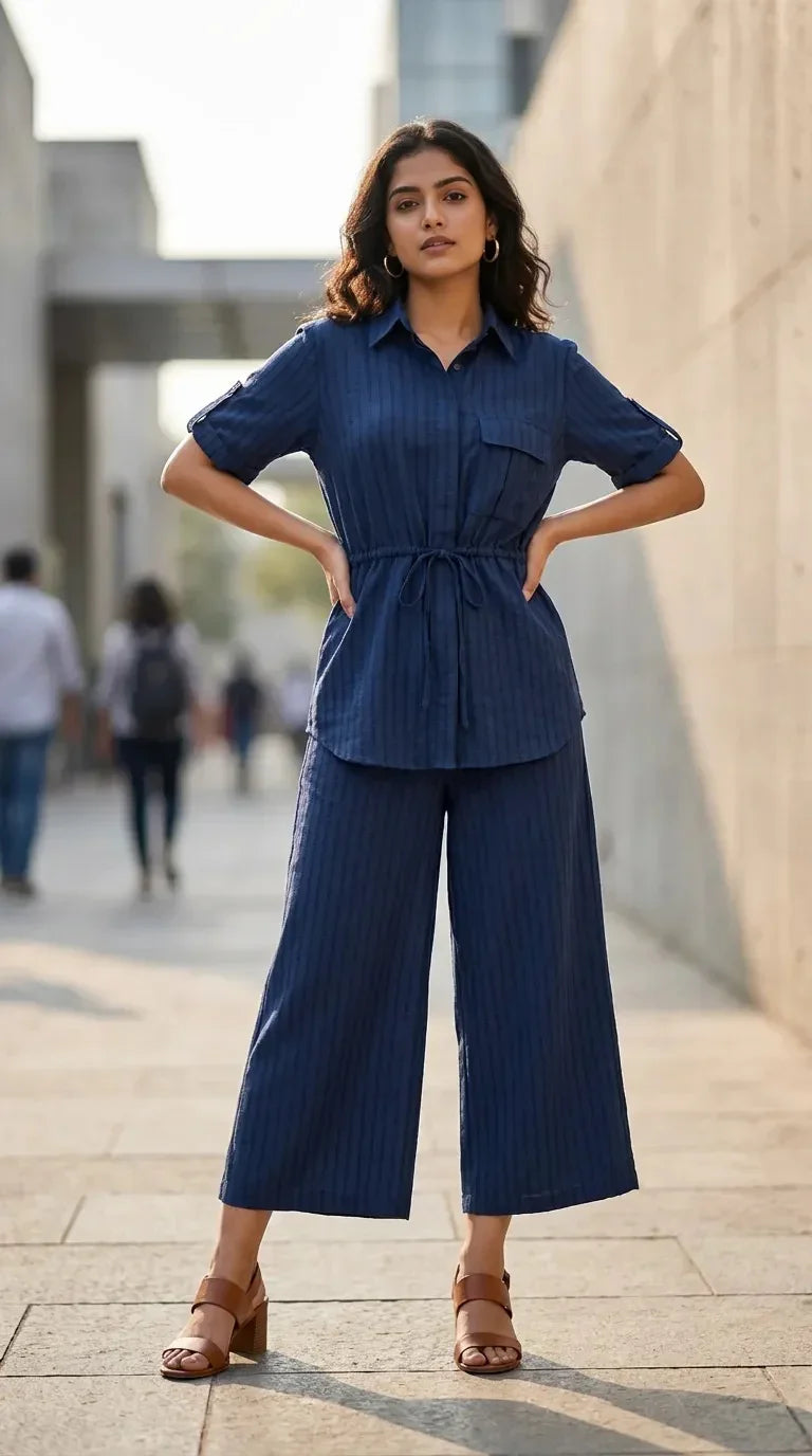 Woman wearing Karchobi blue textured shirt and wide-leg co-ord set, posing outdoors