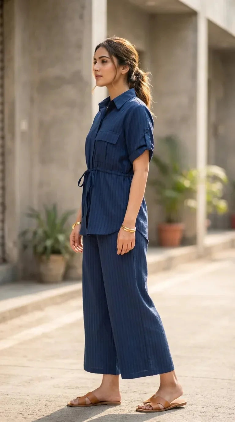 Woman wearing Karchobi blue textured shirt and wide-leg pants co-ord set outdoors