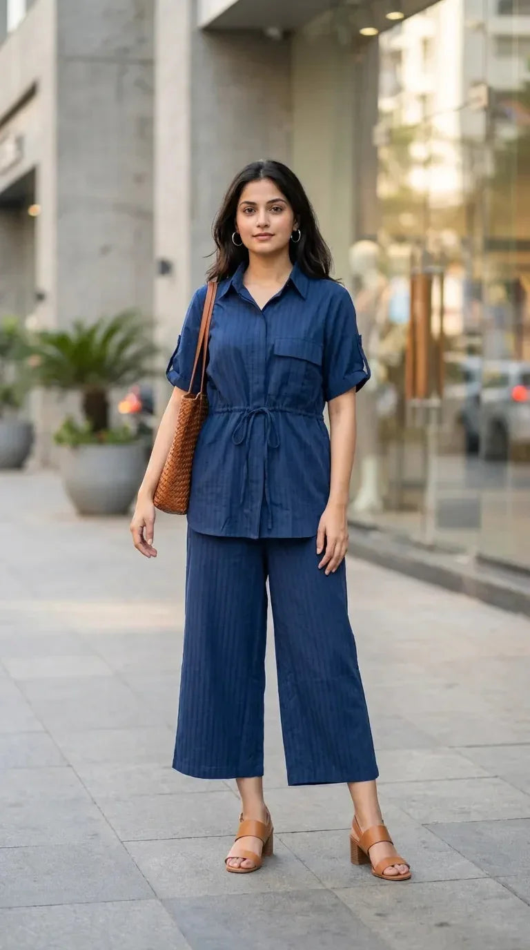 Woman wearing Karchobi blue textured shirt and string co-ord set, standing outdoors.