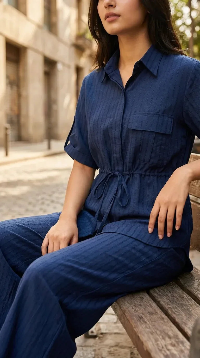 Woman wearing Karchobi blue textured shirt and pants co-ord set on a city bench
