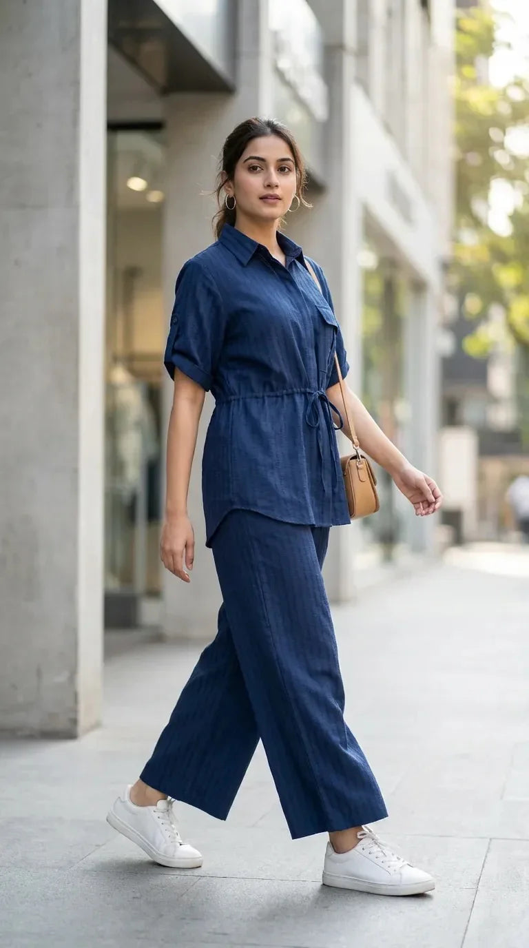 Woman in blue textured co-ord set from Karchobi, styled with white sneakers, walking outdoors