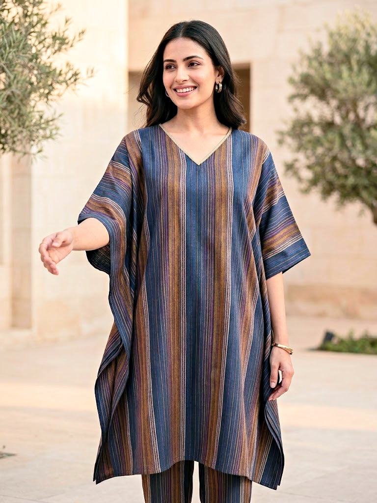 Blue Woven Stripe Cotton Silk Kaftan Co-Ord Set