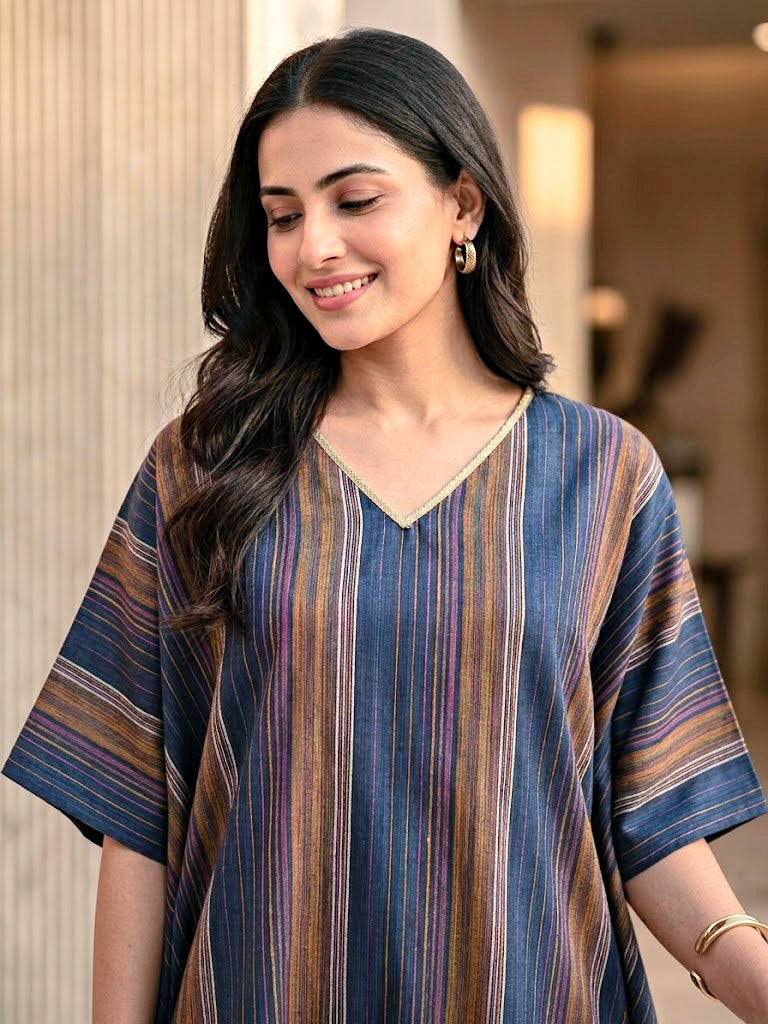 Blue Woven Stripe Cotton Silk Kaftan Co-Ord Set