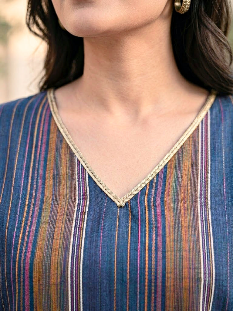 Blue Woven Stripe Cotton Silk Kaftan Co-Ord Set