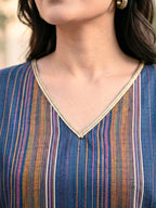 Blue Woven Stripe Cotton Silk Kaftan Co-Ord Set