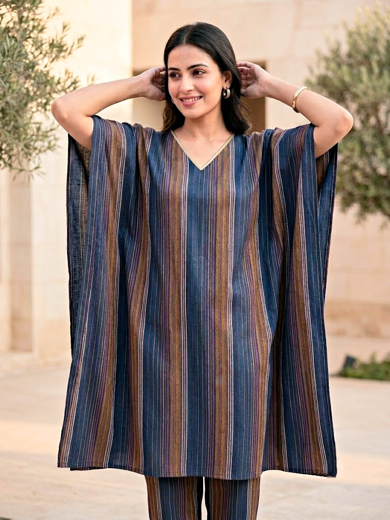 Blue Woven Stripe Cotton Silk Kaftan Co-Ord Set