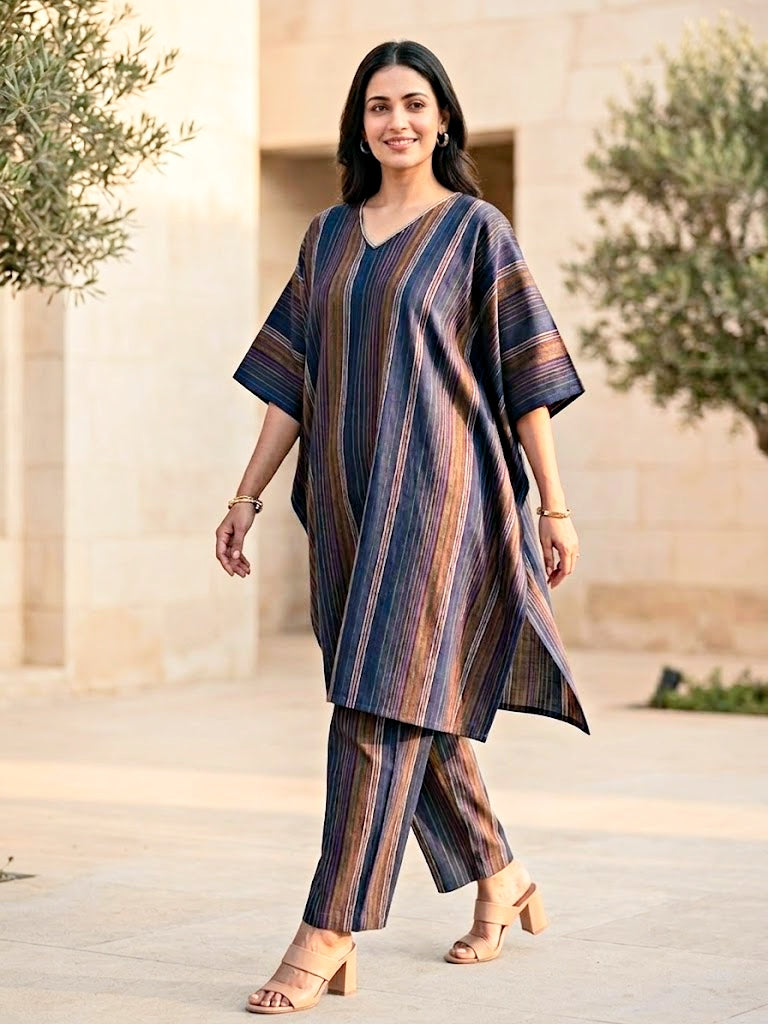 Blue Woven Stripe Cotton Silk Kaftan Co-Ord Set