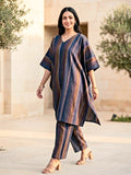 Blue Woven Stripe Cotton Silk Kaftan Co-Ord Set