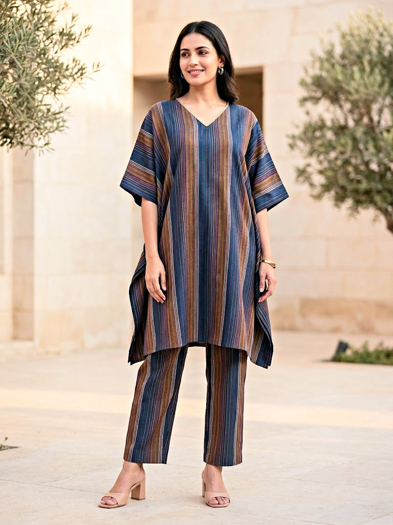 Blue Woven Stripe Cotton Silk Kaftan Co-Ord Set