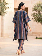 Blue Woven Stripe Cotton Silk Kaftan Co-Ord Set
