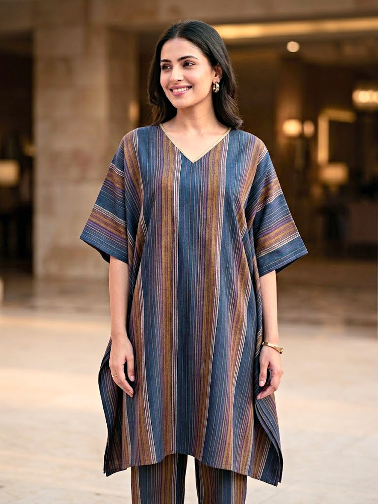 Blue Woven Stripe Cotton Silk Kaftan Co-Ord Set