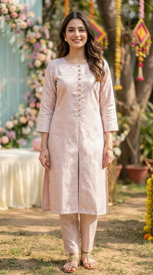 Woman wearing blush pink gold jacquard silk kurta pant set outdoors, Karchobi women’s clothing