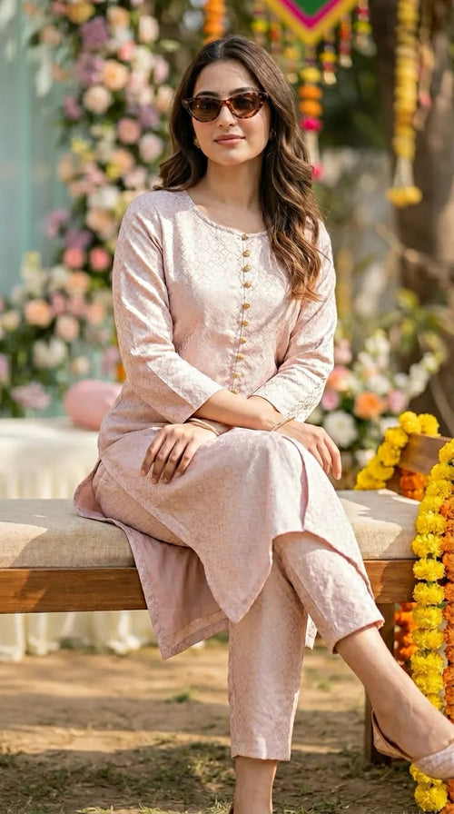 Woman in blush pink jacquard silk kurta pant set by Karchobi, outdoor floral setting