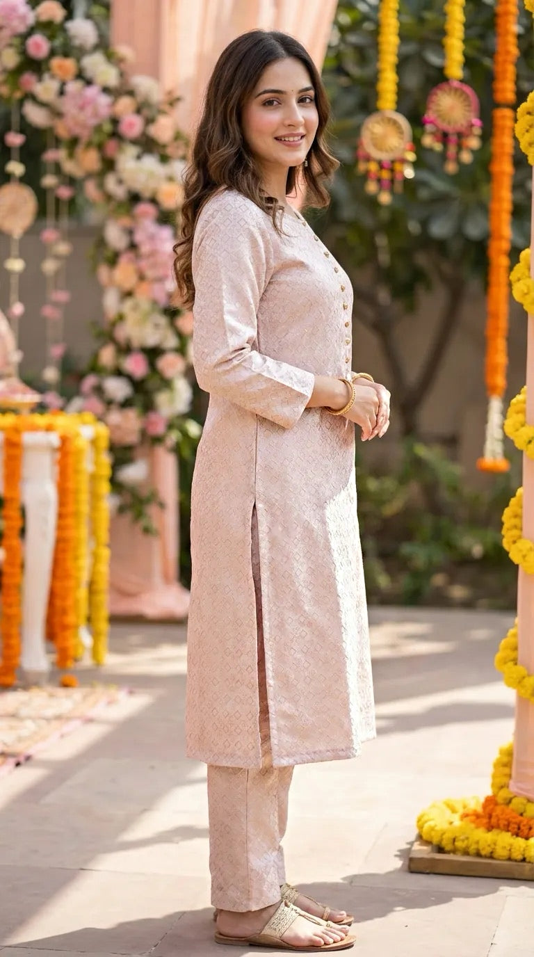 Woman wearing blush pink gold jacquard silk kurta pant set from Karchobi, festive outdoor setting