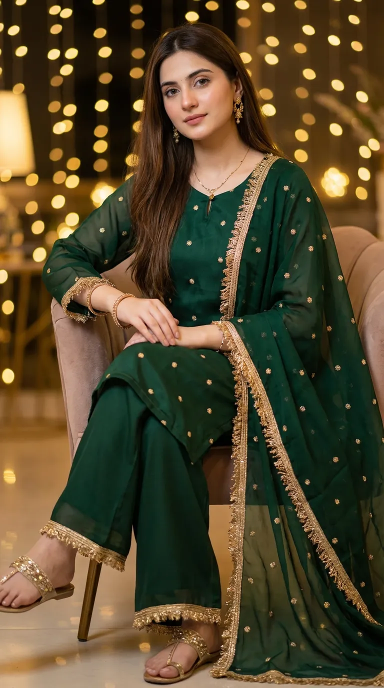 Woman in a bottle green kurta palazzo set with gold buti and jhalar lace, festive wear from Karchobi