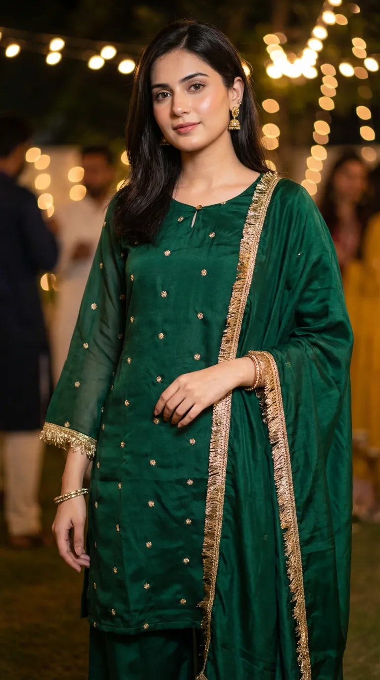 Woman wearing bottle green gold buti kurta palazzo set with gold jhalar lace by Karchobi