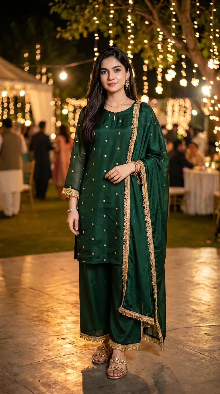 Woman wearing Karchobi bottle green gold buti kurta palazzo set at evening event
