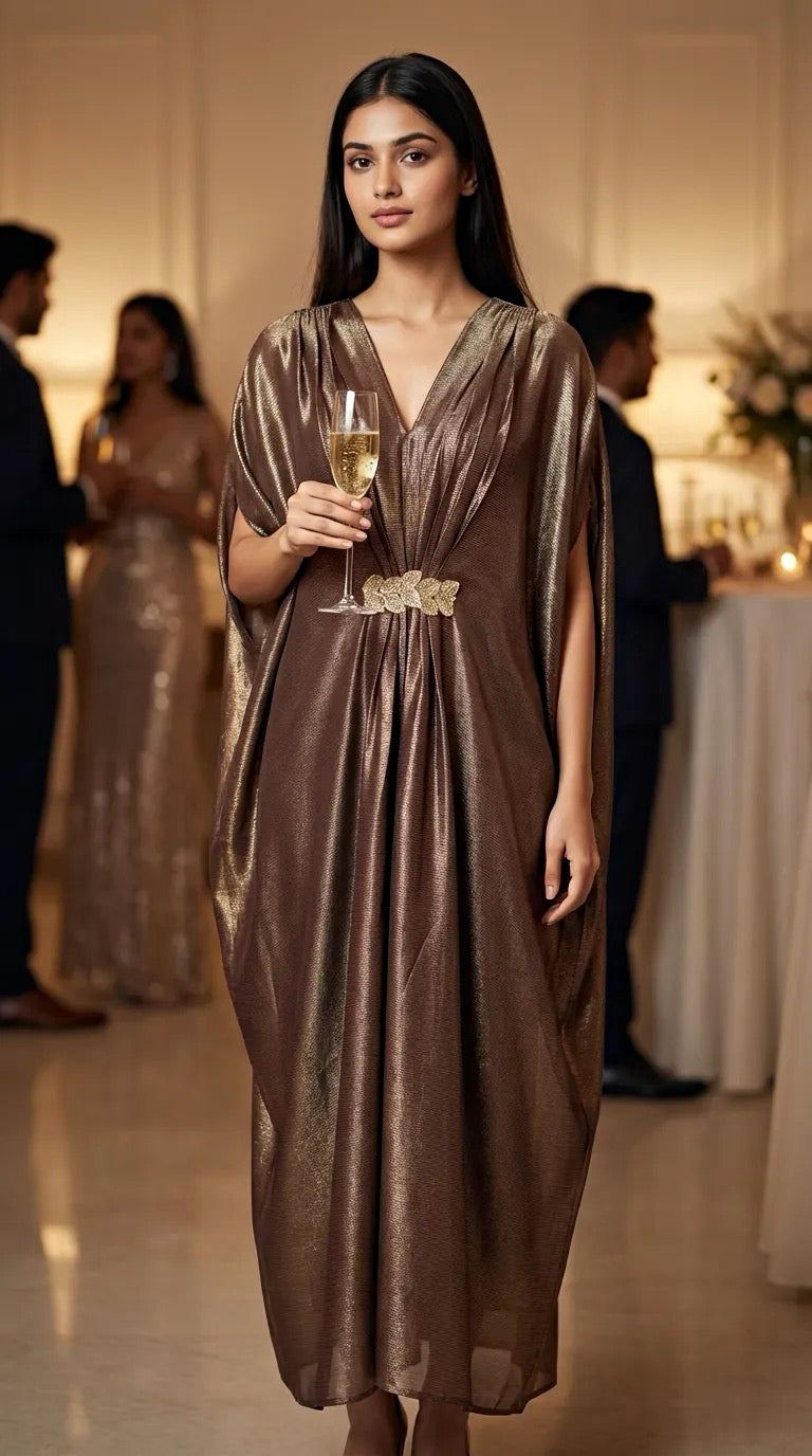 Woman in brown bronze shimmer kaftan dress with lace motif, holding a glass, at elegant event