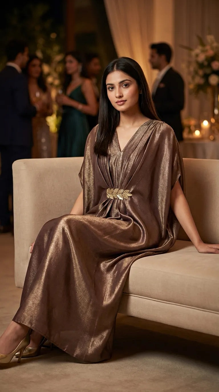 Woman in elegant brown bronze shimmer kaftan dress with gold lace motif, seated at a formal event