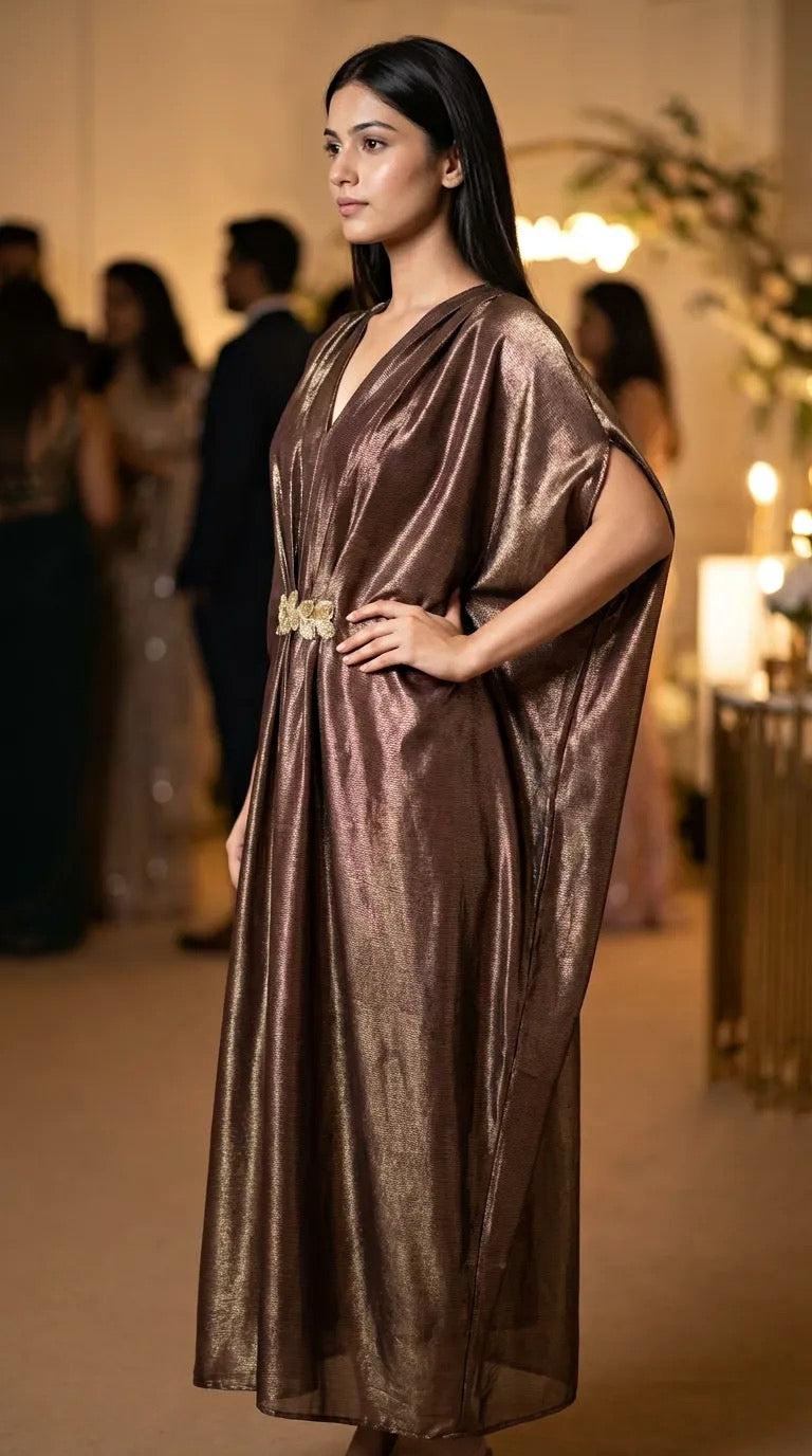 Woman modeling a brown bronze shimmer kaftan dress with lace motif at Karchobi fashion event