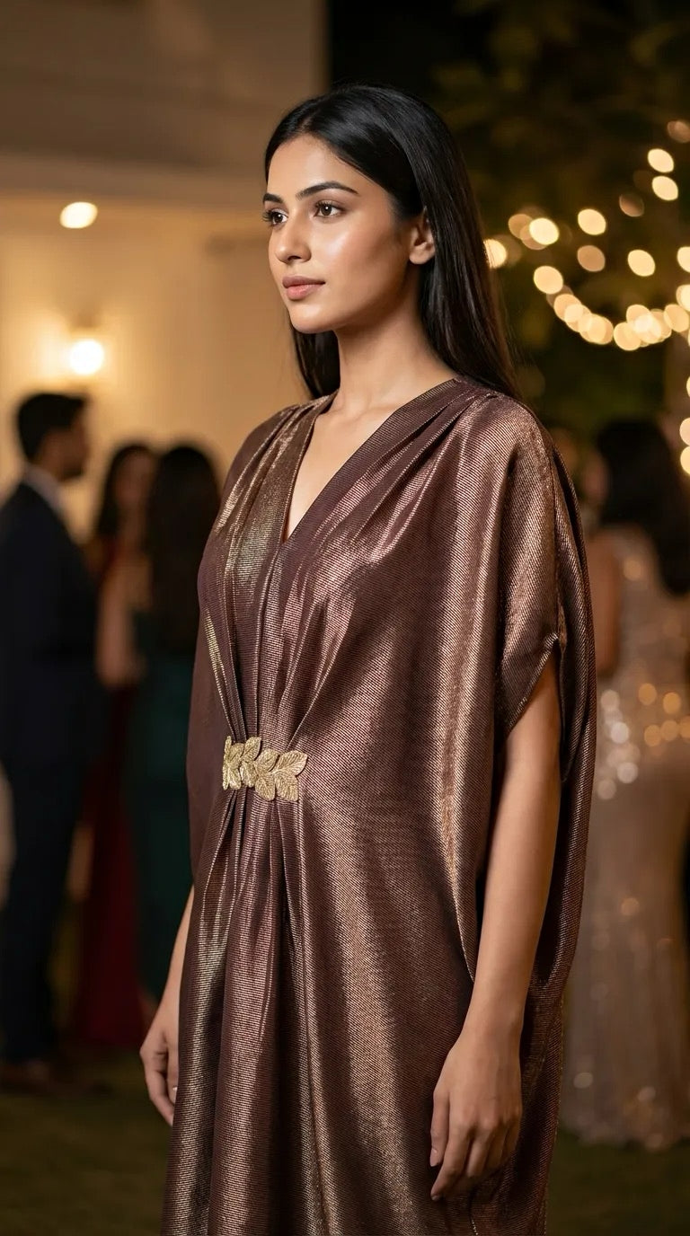 Woman wearing a brown shimmer Karchobi kaftan dress with gold lace motif at an evening event