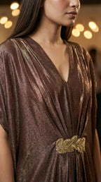 Brown bronze shimmer kaftan dress with gold lace embellishment from Karchobi women's clothing.