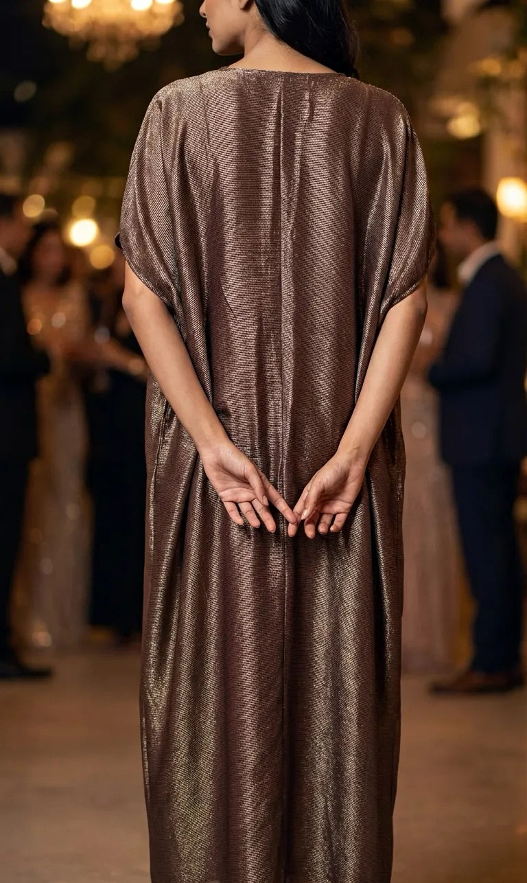 Woman in shimmering brown bronze kaftan dress at elegant event, Karchobi fashion