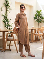 Brown Cotton Linen Kurta Co-Ord Set with Jute Lace Detail