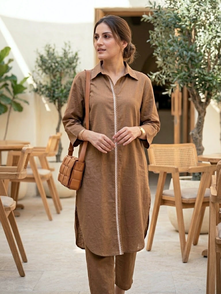 Brown Cotton Linen Kurta Co-Ord Set with Jute Lace Detail
