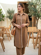 Brown Cotton Linen Kurta Co-Ord Set with Jute Lace Detail