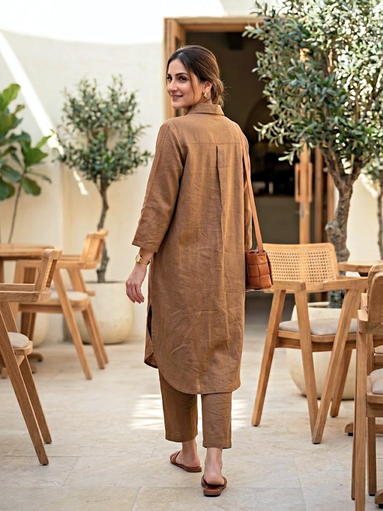 Brown Cotton Linen Kurta Co-Ord Set with Jute Lace Detail