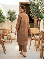 Brown Cotton Linen Kurta Co-Ord Set with Jute Lace Detail