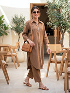 Brown Cotton Linen Kurta Co-Ord Set with Jute Lace Detail
