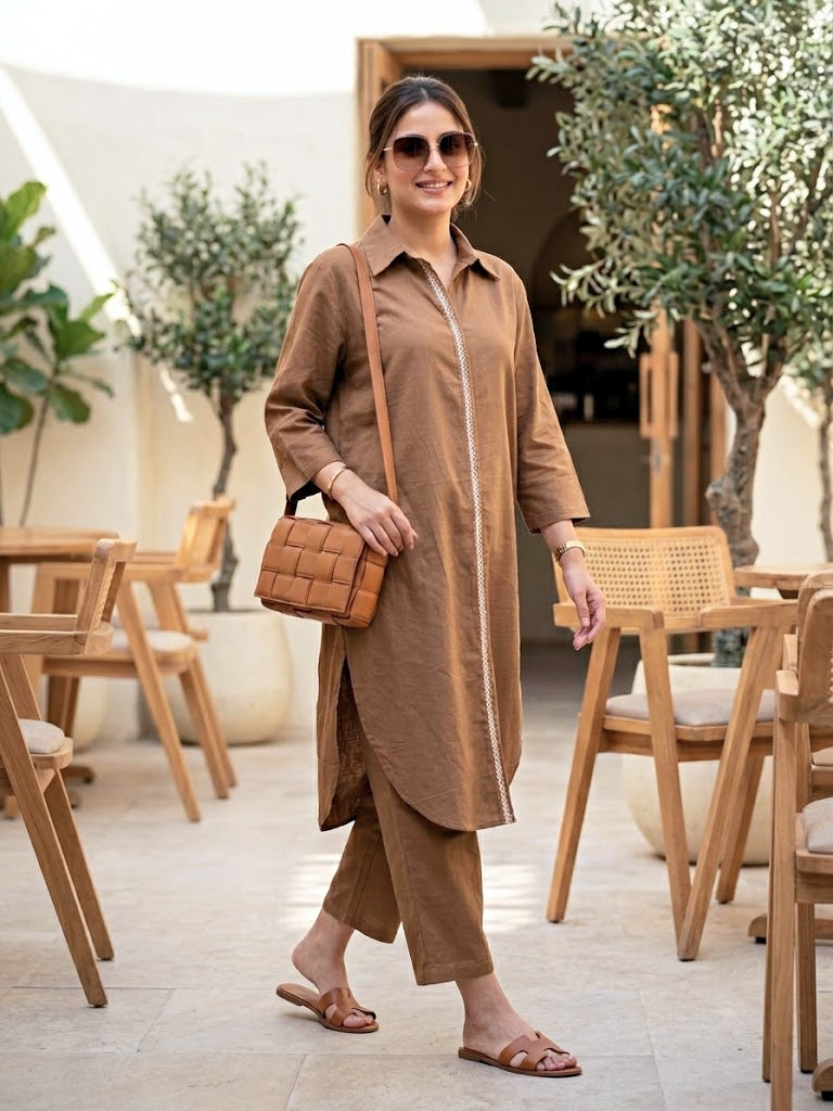 Brown Cotton Linen Kurta Co-Ord Set with Jute Lace Detail