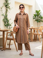 Brown Cotton Linen Kurta Co-Ord Set with Jute Lace Detail