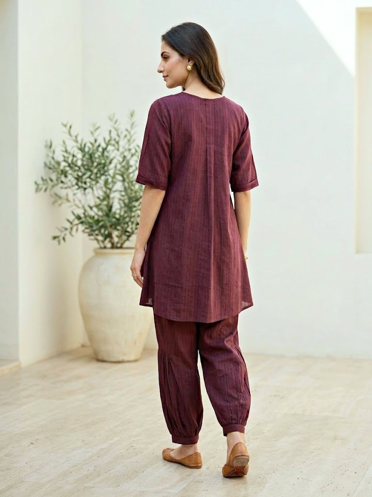 Burgundy Cotton Dobby Kurta & Afghani Salwar Co-Ord Set