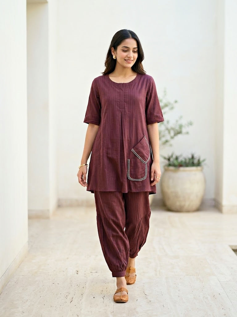 Burgundy Cotton Dobby Kurta & Afghani Salwar Co-Ord Set