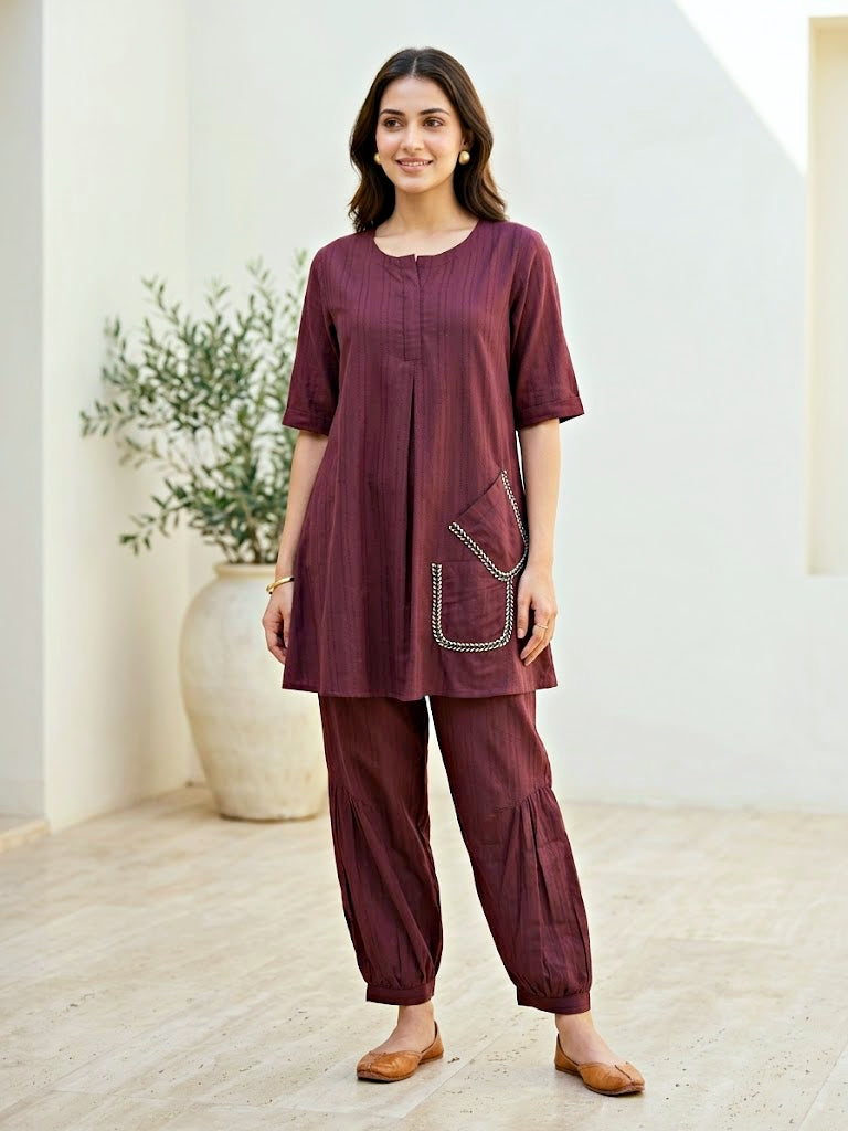 Burgundy Cotton Dobby Kurta & Afghani Salwar Co-Ord Set