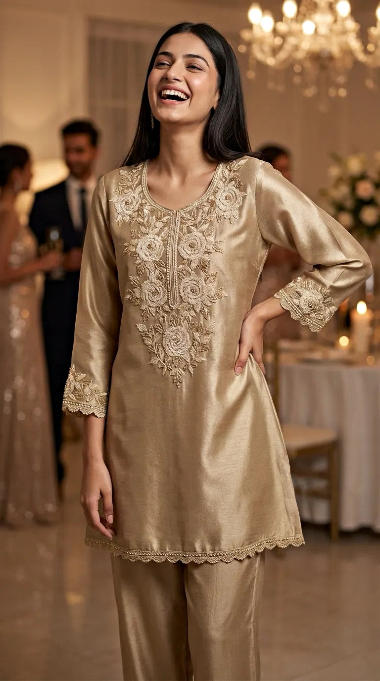 Woman wearing champagne gold embroidered kurta pant set at elegant indoor event from Karchobi.