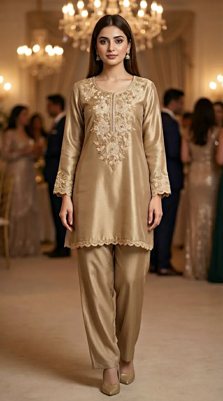 Woman wearing champagne gold embroidered kurta pant set at elegant indoor event, Karchobi fashion