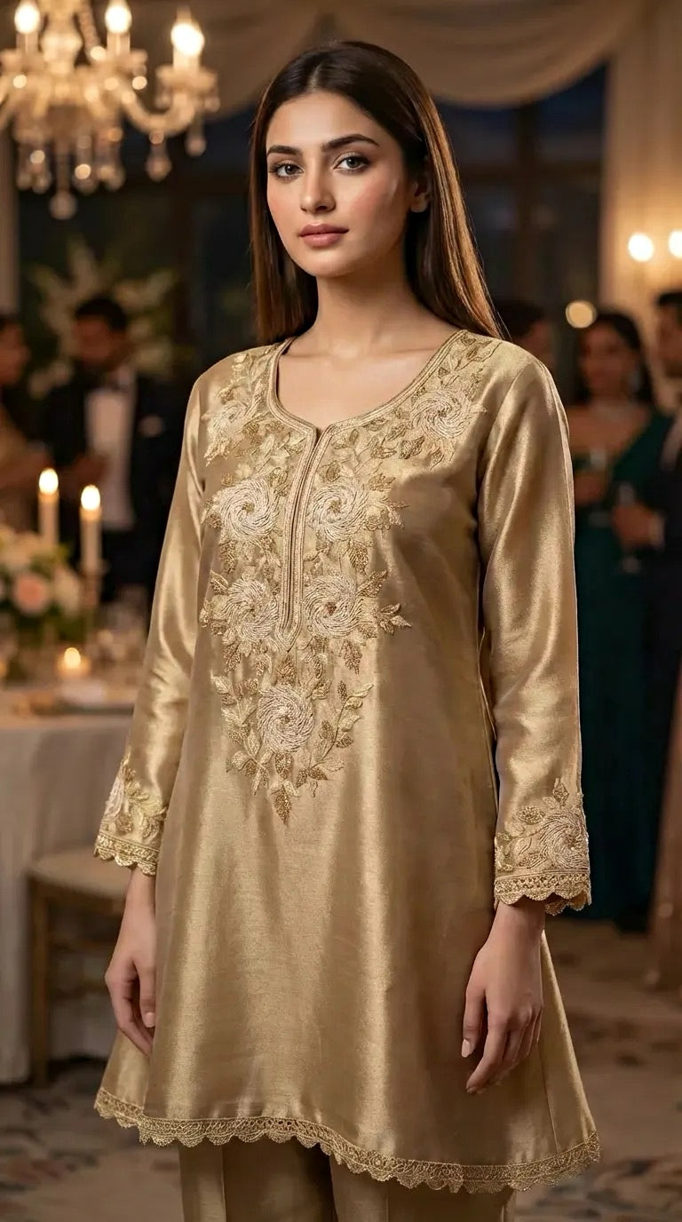 Woman wearing champagne gold embroidered shimmer kurta pant set at an elegant event, Karchobi