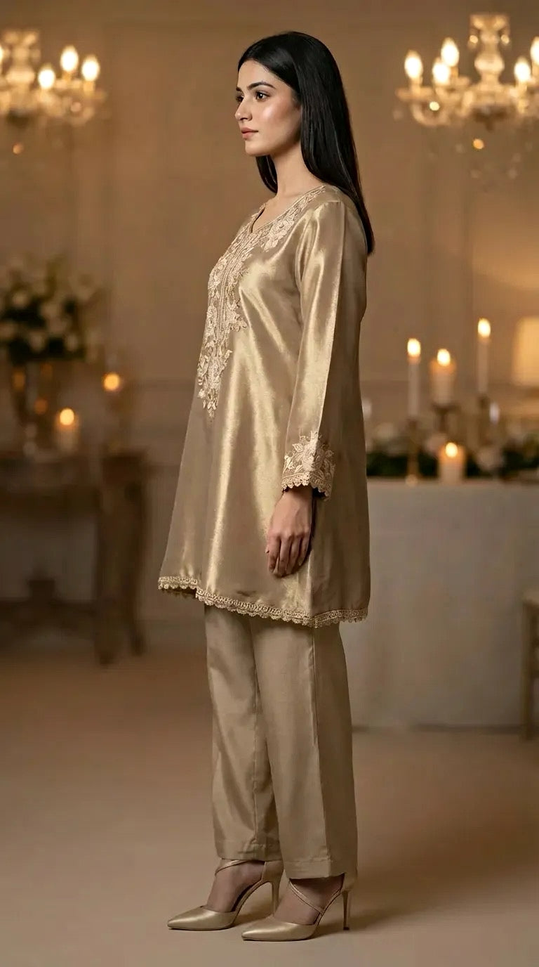 Woman wearing a champagne gold embroidered umbrella-cut kurta pant set by Karchobi in an elegant indoor setting