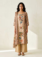 Beige chanderi cotton suit set with bird and floral embroidery, kurta, pant, and dupatta from Karchobi, featuring subtle French knots.
