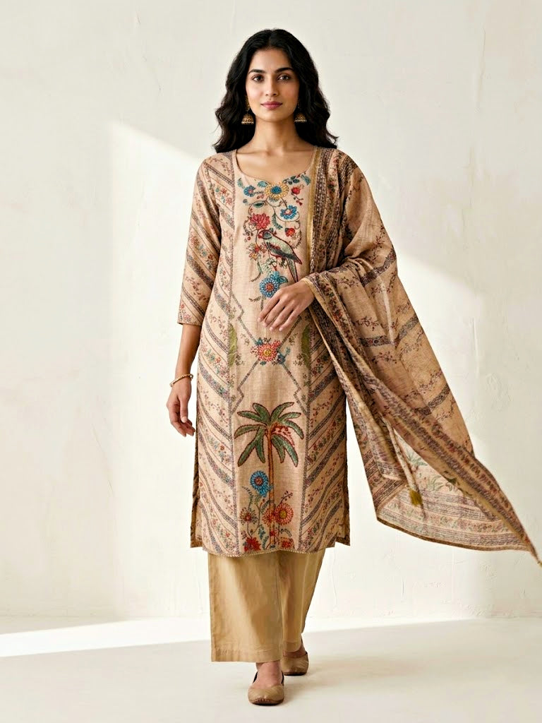 Beige chanderi cotton suit set by Karchobi featuring bird and floral embroidery, kurta, pant, and dupatta with subtle French knots.