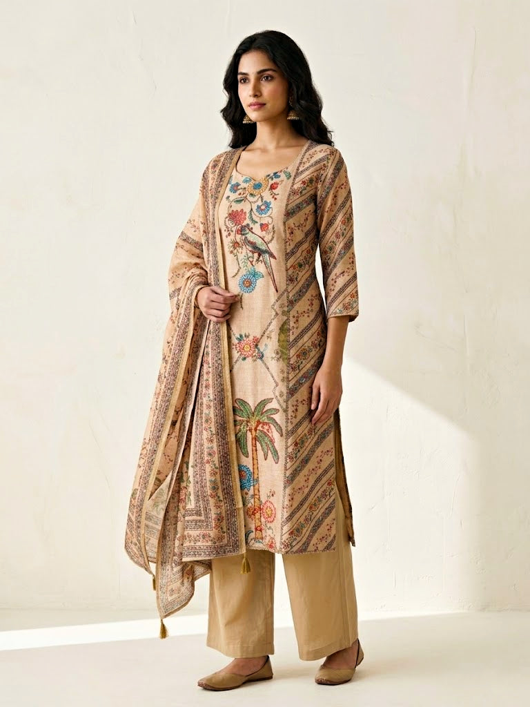 Beige chanderi cotton suit set by Karchobi featuring floral embroidery, bird motifs, subtle French knots, kurta, pant, and dupatta.