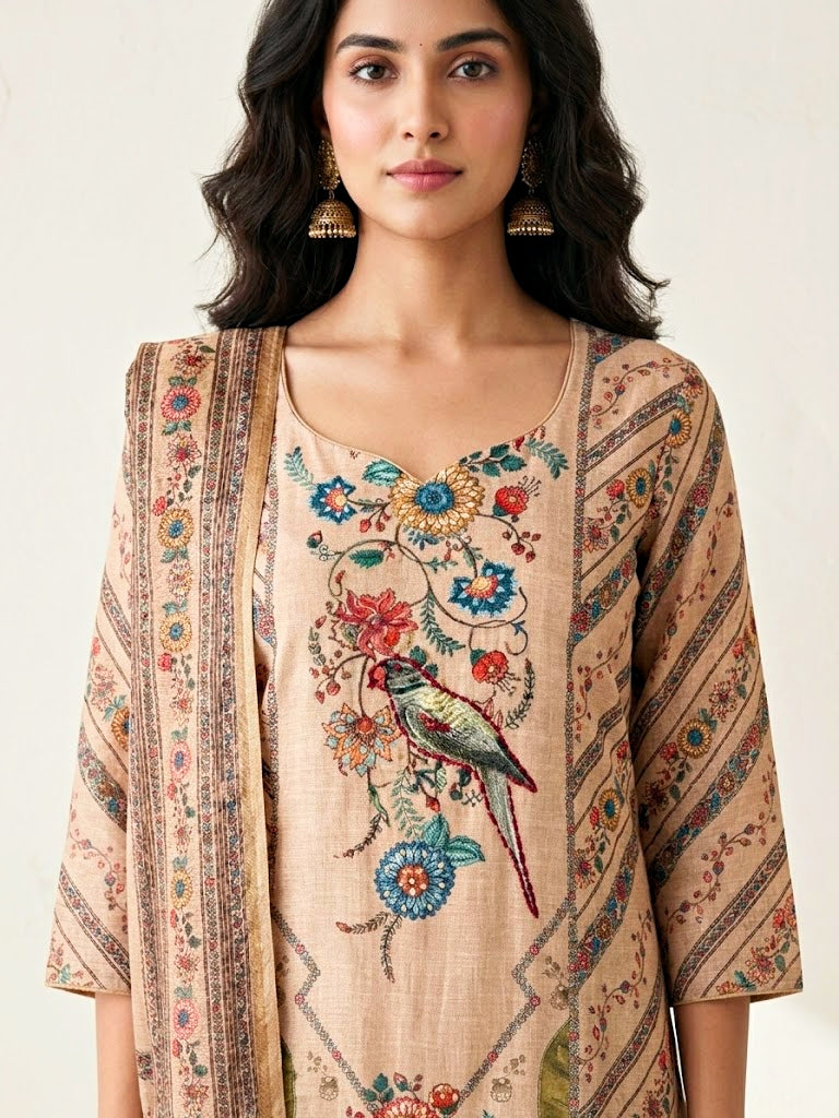Beige chanderi cotton suit set with floral embroidery, bird motifs, and subtle French knots, including kurta, pants, and dupatta.