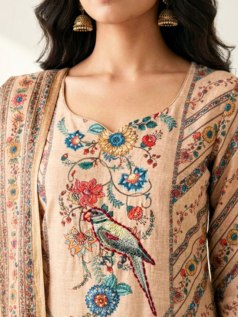 Beige chanderi cotton suit set by Karchobi featuring tropical floral embroidery, bird motifs, kurta, pant, and dupatta for women.