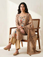 Beige chanderi cotton suit set by Karchobi with bird and tropical floral embroidery, kurta, pant, and dupatta for women.